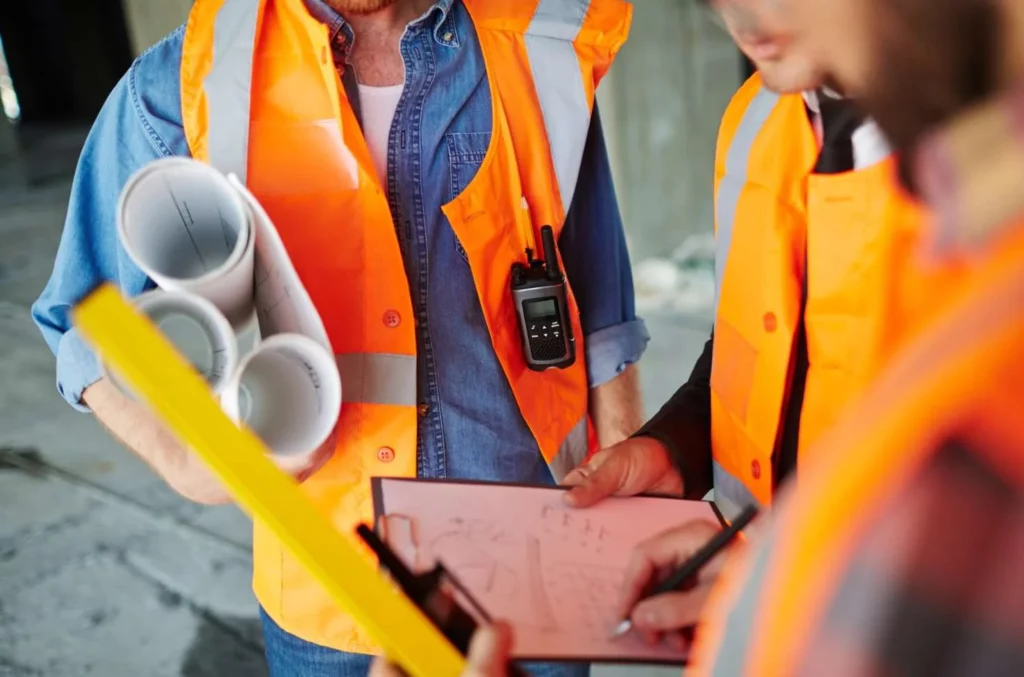 trois personnes sur chantier gérant la gestion des interventions terrains