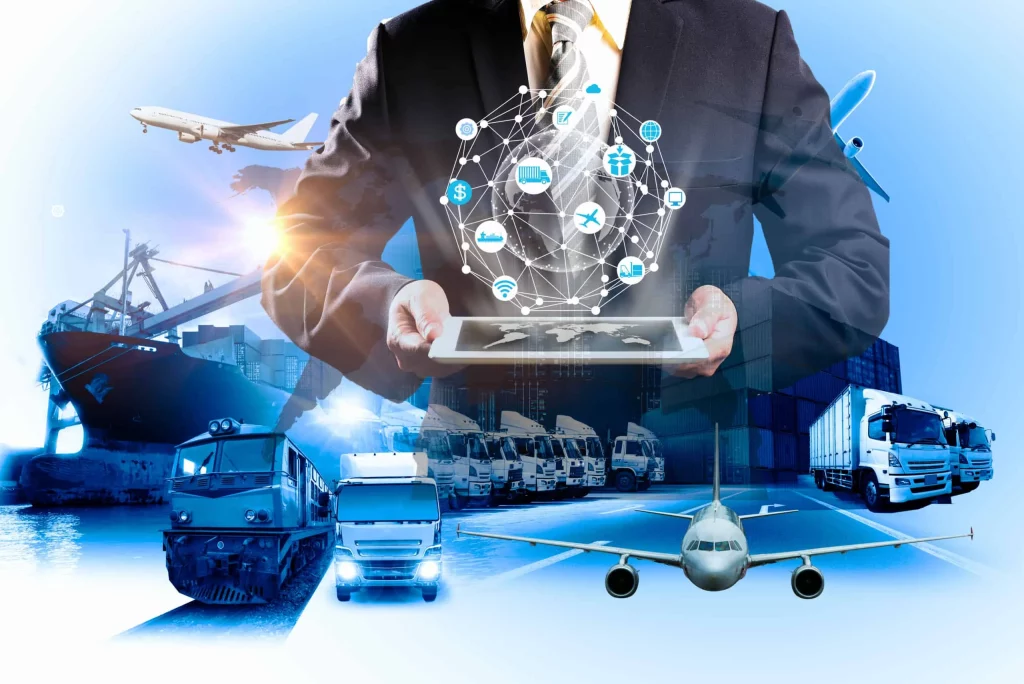  L'image représente un homme d'affaires tenant une tablette qui affiche des icônes de technologies de logistique intelligente