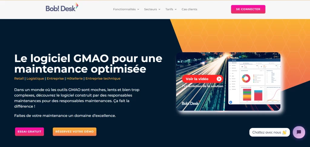 Image de la page d'accueil du site web de Bob Desk, présentant le logiciel GMAO (Gestion de Maintenance Assistée par Ordinateur) pour une maintenance optimisée.