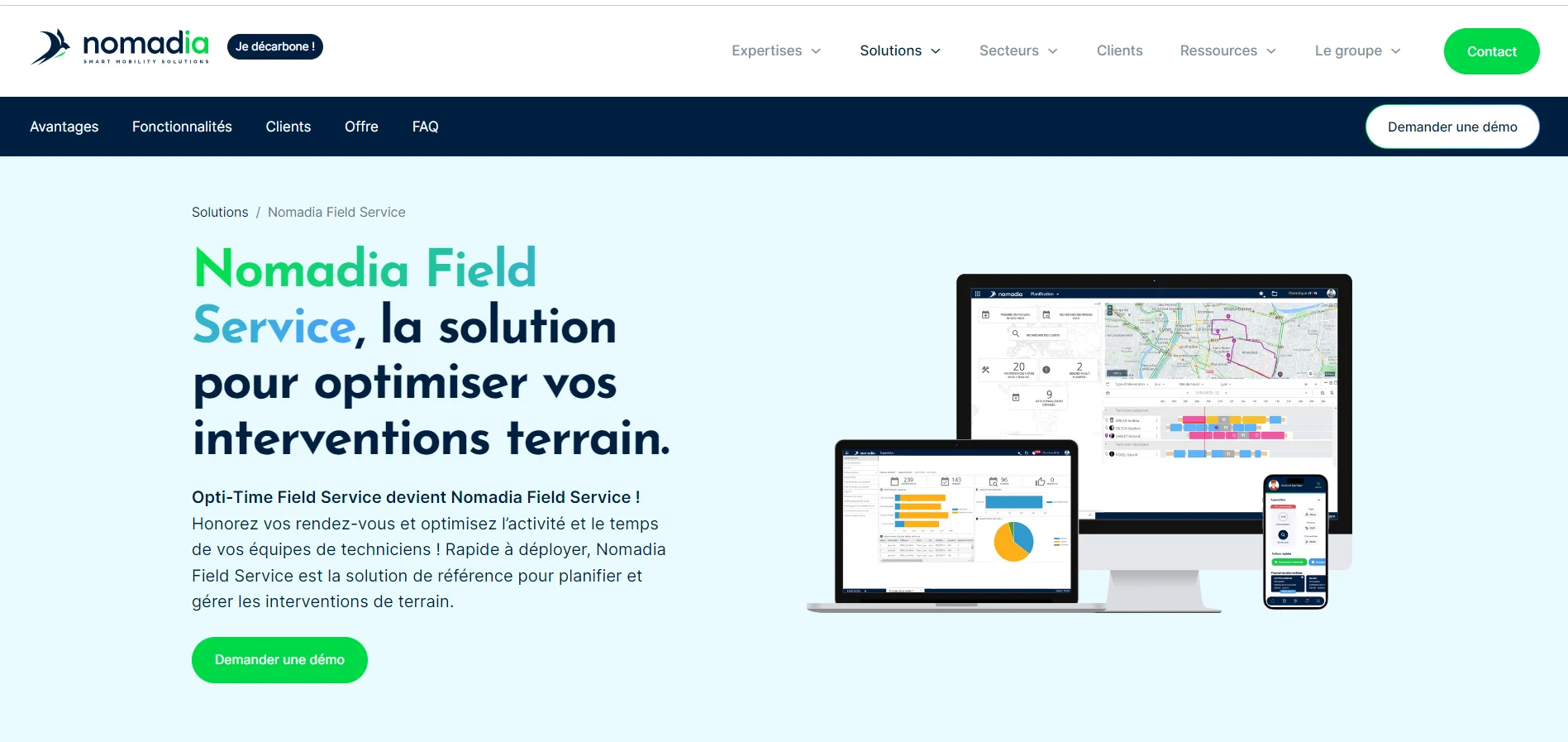 Image de la page de présentation de Nomadia Field Service, montrant des écrans d'ordinateur et de smartphone avec des graphiques et des cartes, illustrant une application de gestion d'intervention