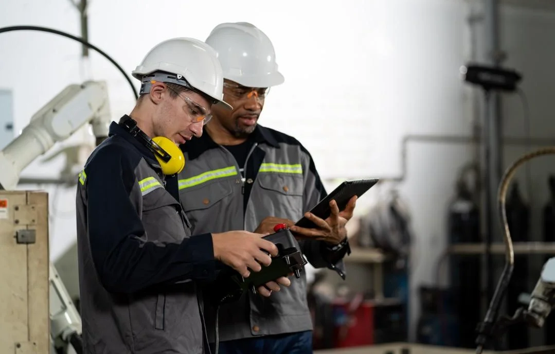 Image de deux techniciens en tenue de sécurité, utilisant une tablette pour optimiser la gestion des bons d'intervention de maintenance dans une usine.