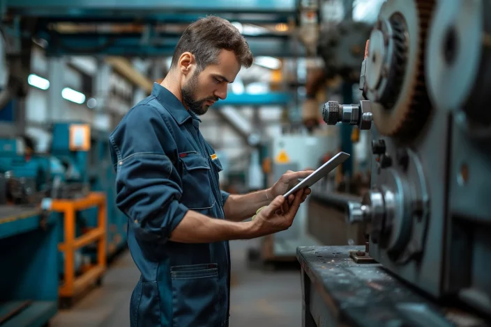 Image d'un technicien en bleu de travail utilisant une tablette pour vérifier ou optimiser un rapport de maintenance dans un atelier industriel.
