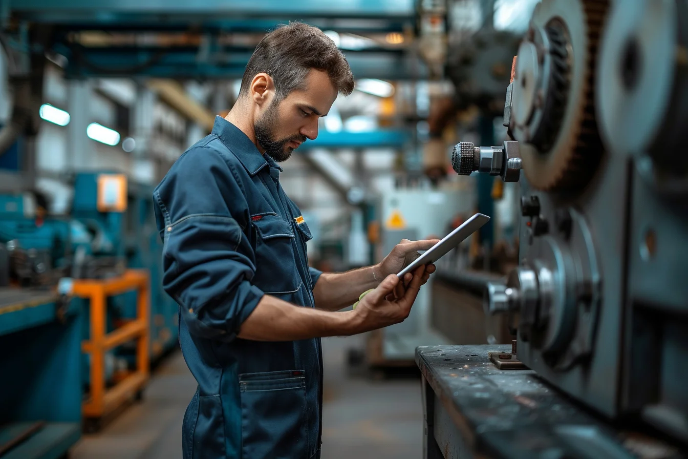 Image d'un technicien en bleu de travail utilisant une tablette pour vérifier ou optimiser un rapport de maintenance dans un atelier industriel.