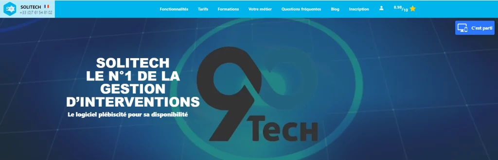 Image de la page d'accueil de Solitech, mettant en avant le slogan "Solitech, le n°1 de la gestion d'interventions", illustrant le logiciel de rapport de maintenance de Solitech.