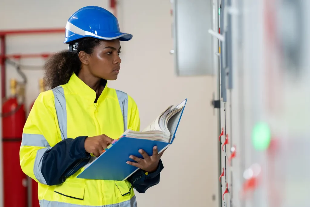 Image d'une ingénieure en tenue de sécurité, casque jaune, utilisant un téléphone et tenant un dossier, gérant des bons d'intervention de maintenance dans un environnement industriel.