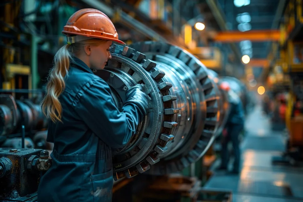  ChatGPT Une technicienne en casque et gants de sécurité inspecte une grande pièce industrielle dans une usine, illustrant les outils de la méthode QQOQCCP.