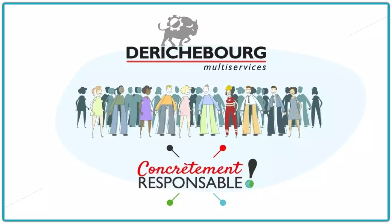 Visuel dessiné RSE Derichebourg avec logo et groupe souriant symbolisant le collectif