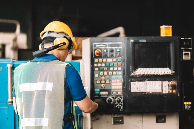 Un technicien en usine travaille sur une machine, portant un casque et un gilet de sécurité, symbolisant les piliers et processus de la maintenance TPM (Total Productive Maintenance). Cette méthode se concentre sur l'amélioration continue des machines, la sécurité et l'efficacité opérationnelle.