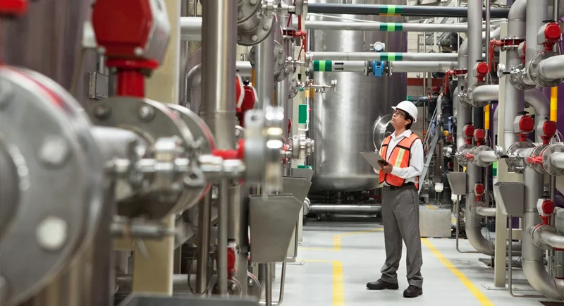 Un technicien en veste de sécurité et casque inspecte un réseau complexe de tuyaux industriels, illustrant la maintenance TPM (Total Productive Maintenance). Cette approche vise à maximiser l'efficacité des équipements en minimisant les pannes grâce à une maintenance préventive rigoureuse.